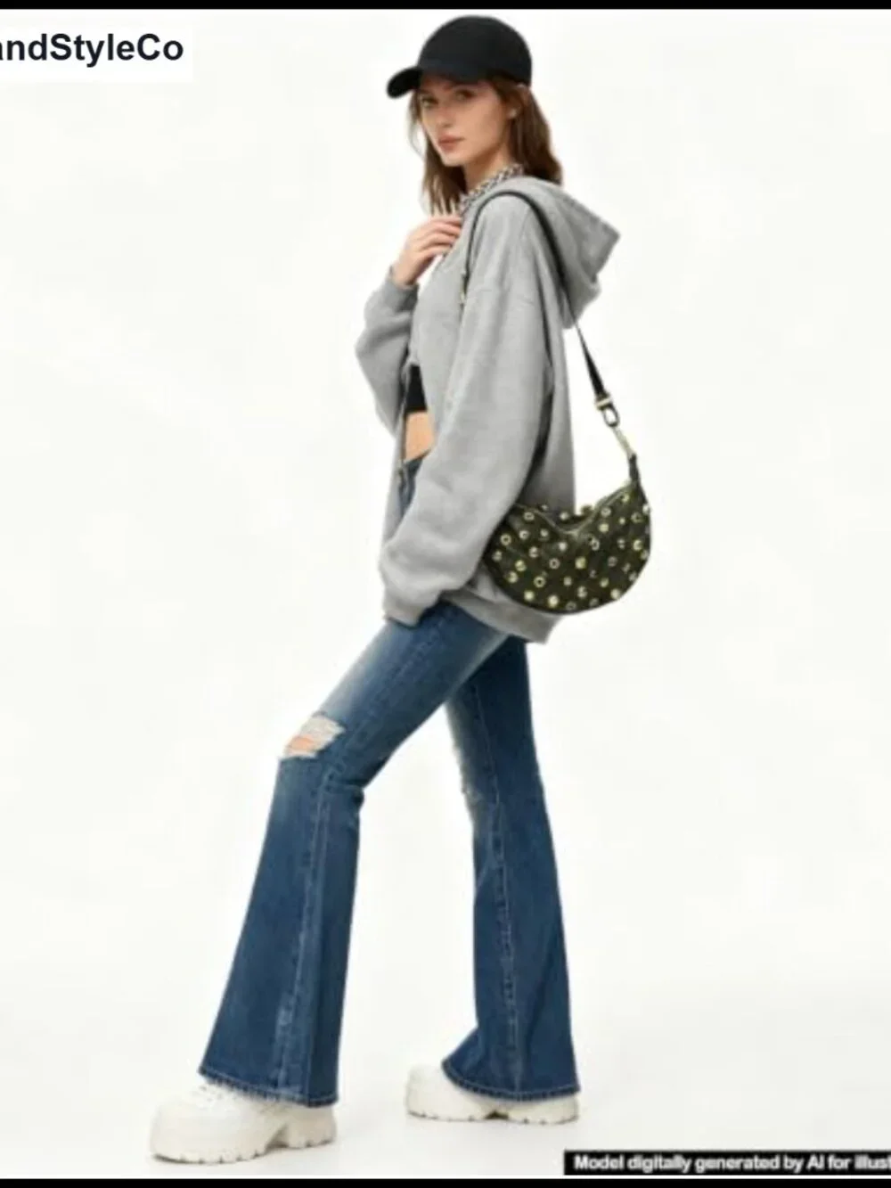 Faux Suede Studded Hobo Shoulder Bag Adjustable Strap Crescent Purse